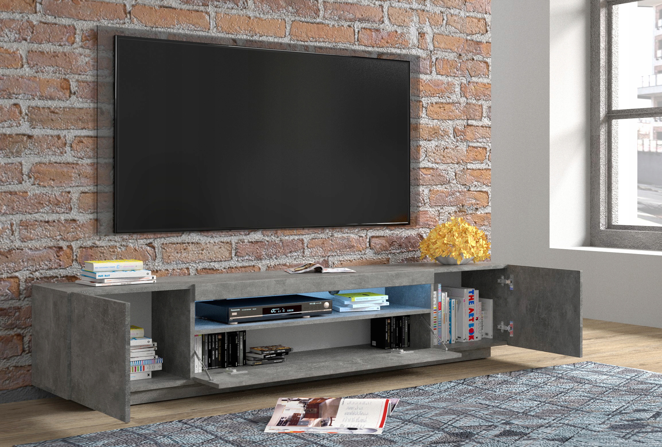 Szafka RTV 200 cm stojąca beton + oświetlenie LED Kolekcja RTV-200