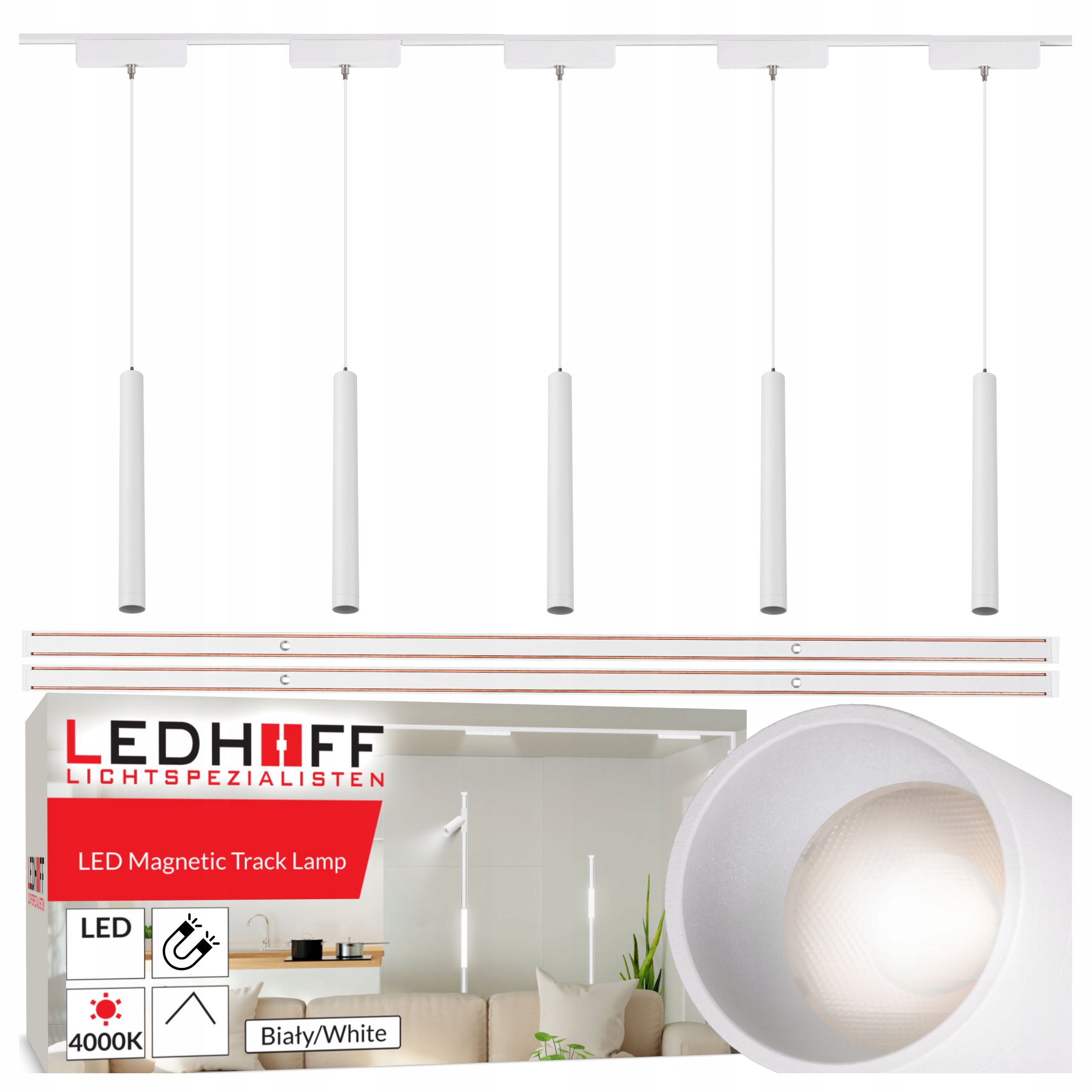 Magnetické koľajnicové osvetlenie Lišta 2 m 5x závesná Led lampa Tuba biela