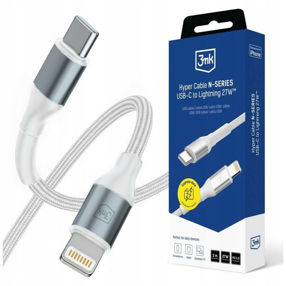 Kabel 3MK Hyper Cable N-series Usb-c do Lightning 3m Pd 3.0 9V/3A 27W biały