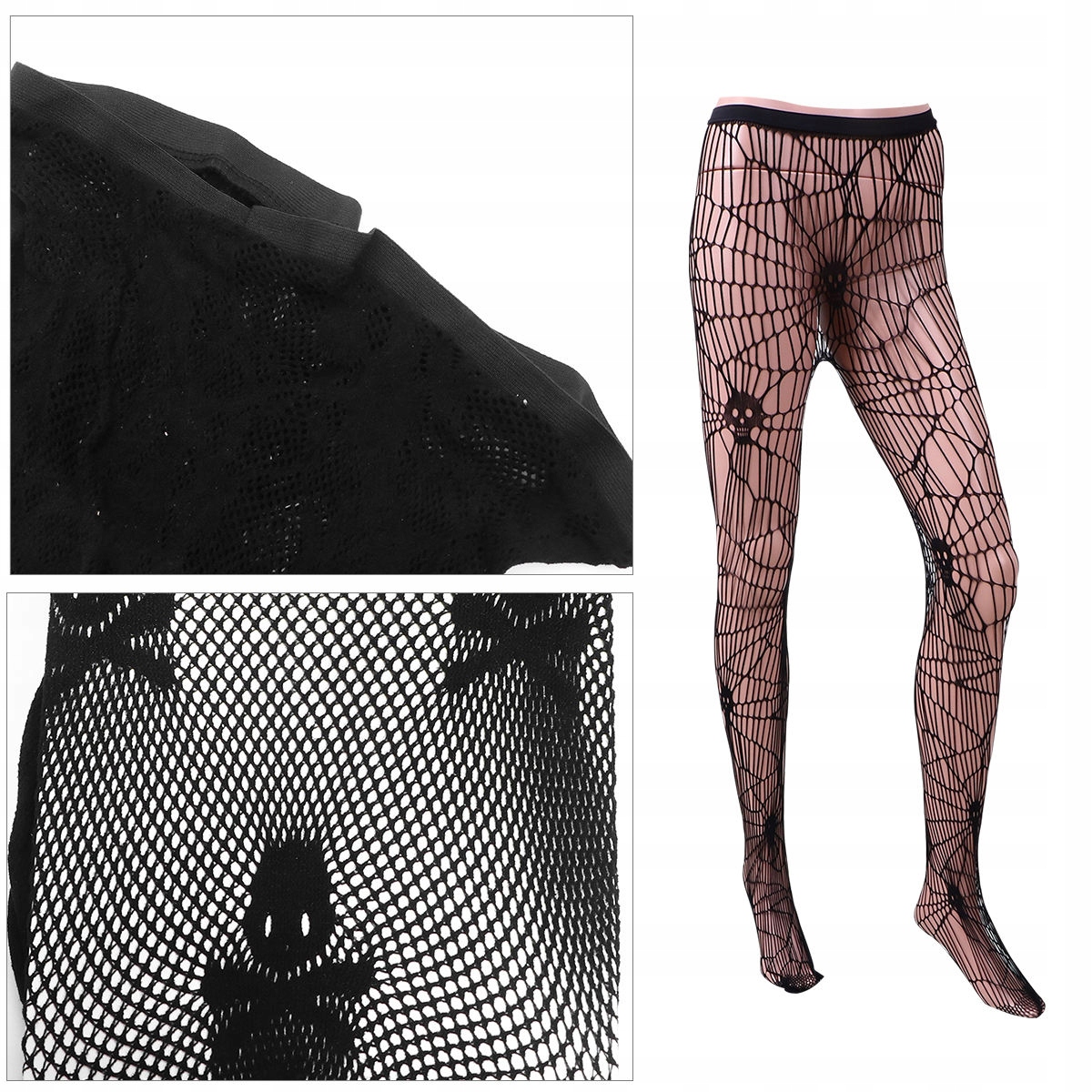 2 Szt. Czarne Rajstopy Fishnet Z Czaszkami Na Halloween