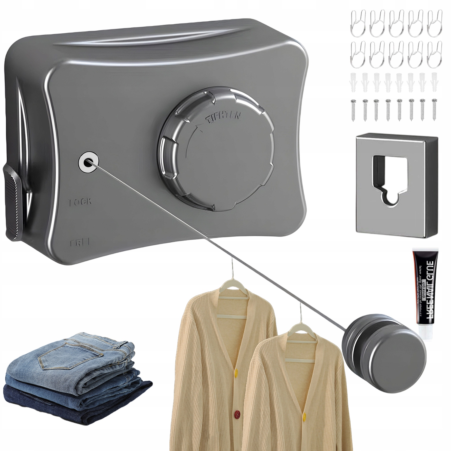 Levně Vysouvací Šňůra Na Prádlo Srolovatelná, Nosnost 20 Kg Nevyžaduje Žádné Otvory, Šedá