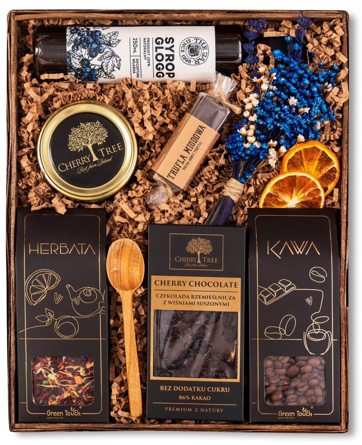 Levně Dárkový Koš sada čaj káva čokoláda třešňový lanýž sirup květy