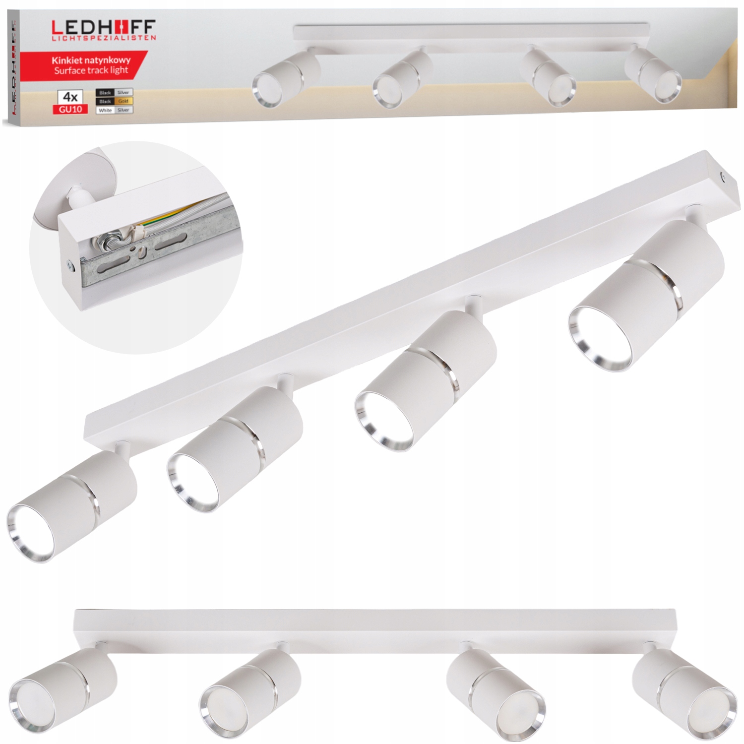 Lampa sufitowa Led szyna Spot oprawa Kinkiet 4x GU10 Tuba Biała srebrna