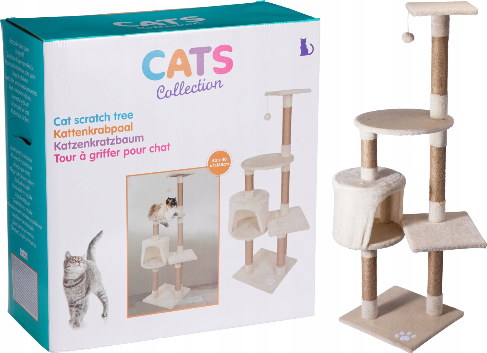 Levně Škrabadlo pro kočky Věž 140 Cm s domečkem a míčem – béžová