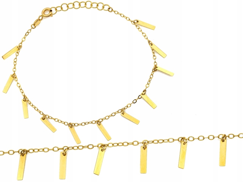 Zlatý 585 řetízkový náramek s 14-ti kt zavěšenými obdélníkovými destičkami