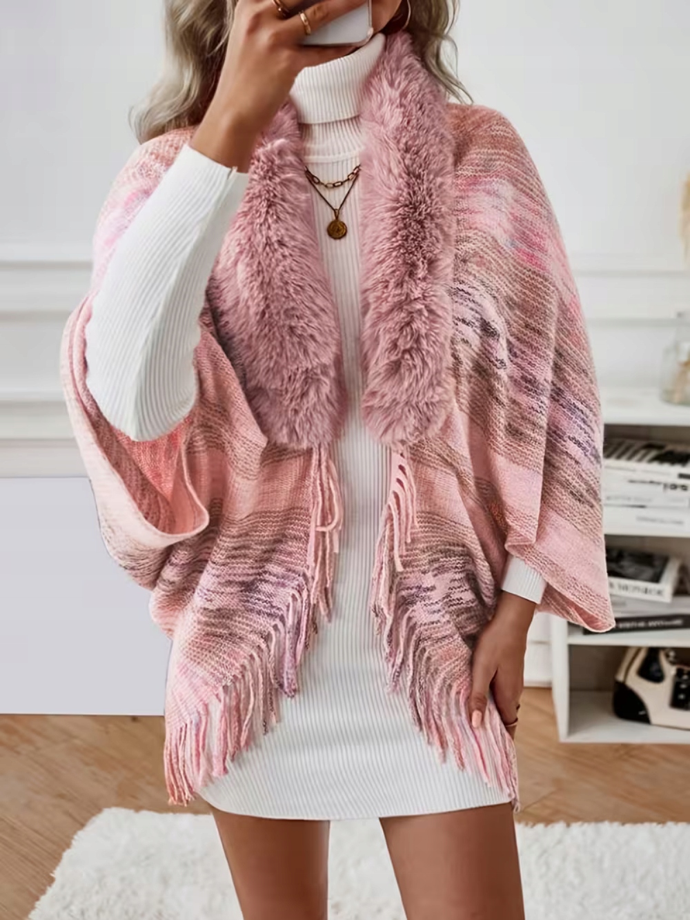 Poncho Pončo Kožešina medvídek pocahontas Přehoz tkaný Boho růžový pastel Glam