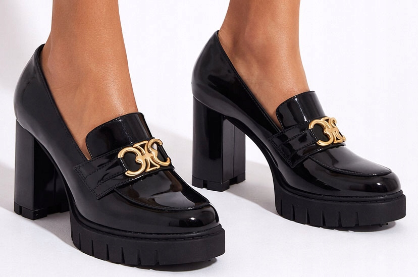 9421 Czarne Damskie Wsuwane Półbuty Mokasyny Lakierowane Na Słupku 40