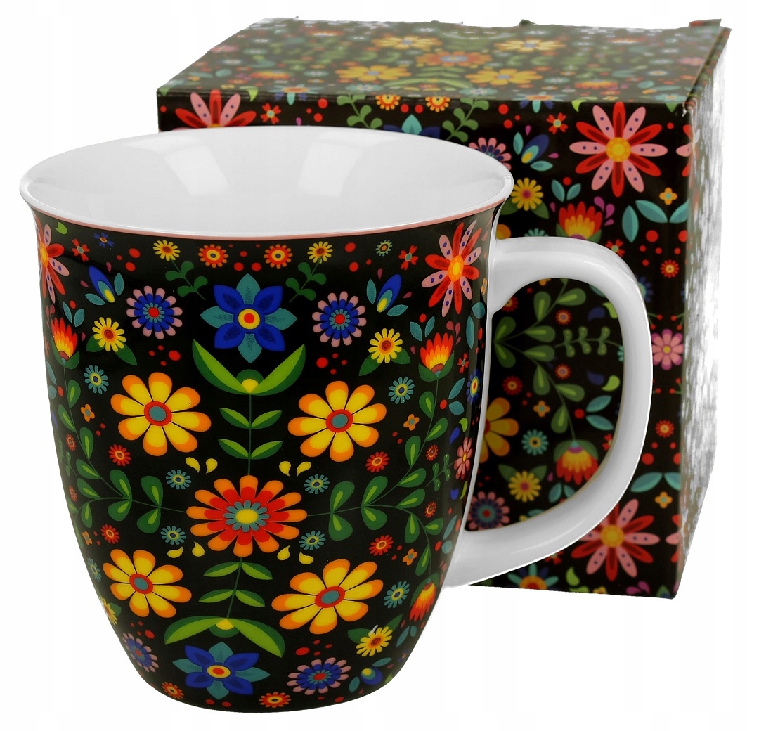

Duży kubek porcelanowy czarny Kwiatki 650ml