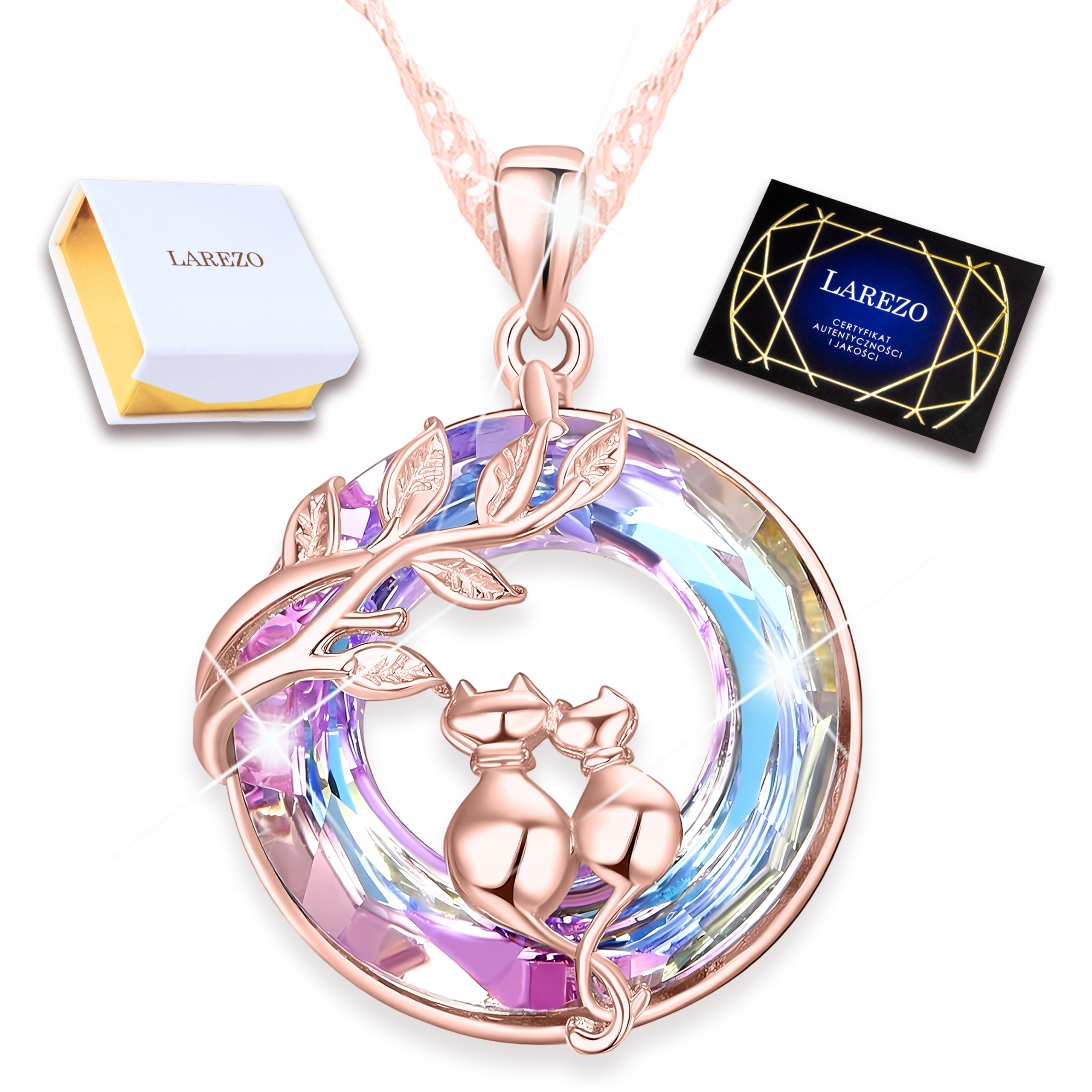 Pozlacený náhrdelník Modrý Fialový Křišťál Kočky Objímání Stříbro 925