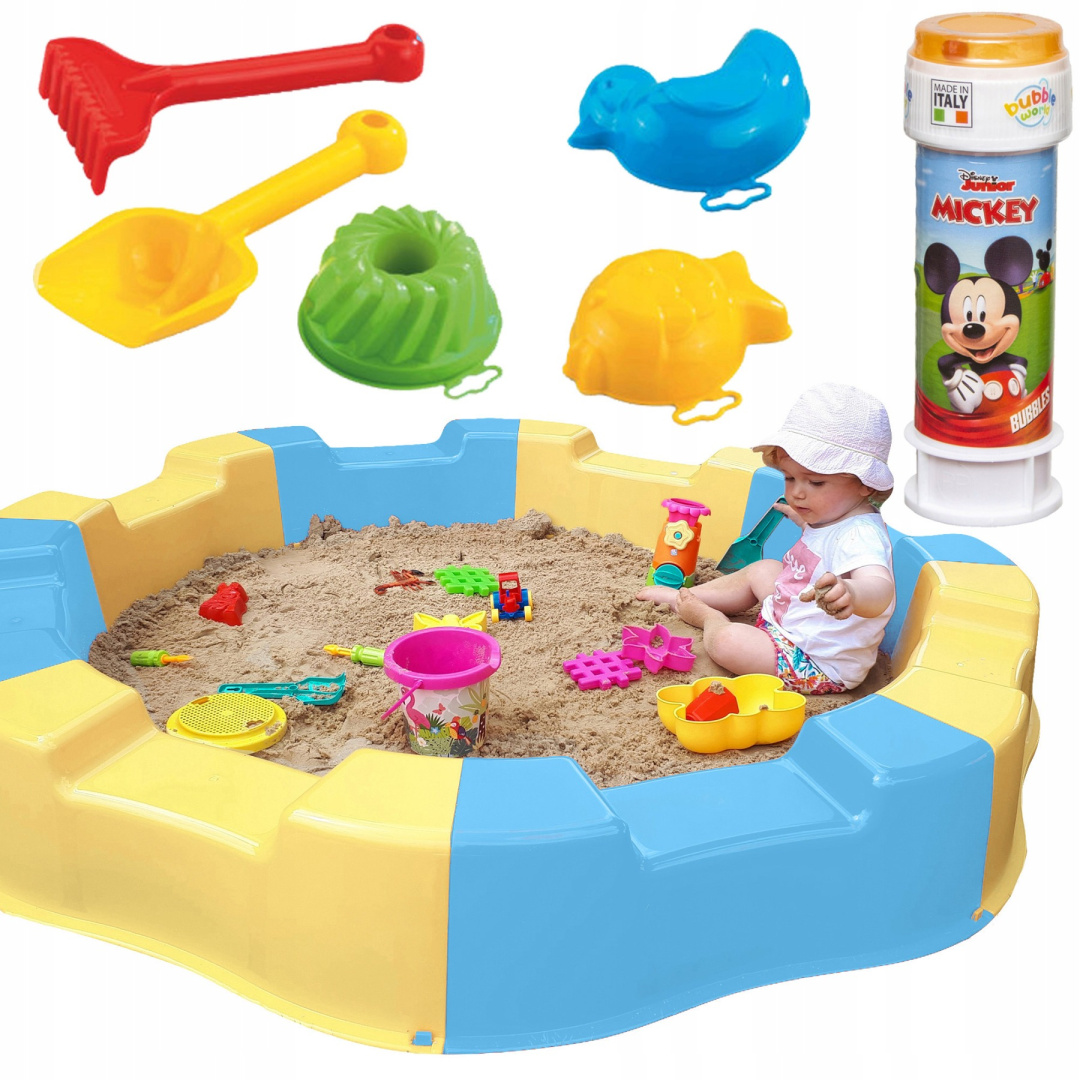 DUŻA PIASKOWNICA PLASTIKOWA ZABAWKI DO PIASKU PLANDEKA BAŃKI MYDLANE GRATIS