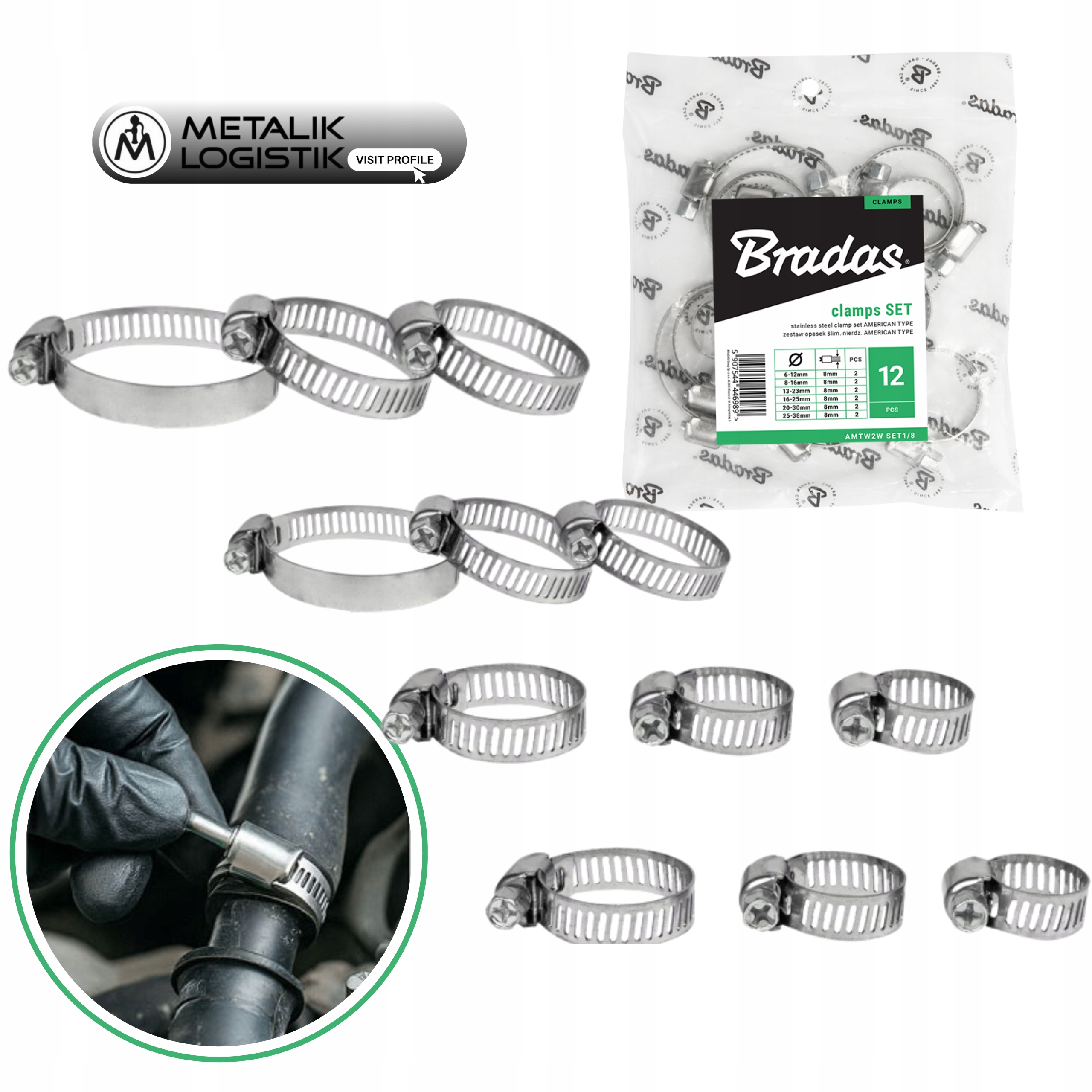 Opaska ślimakowa nierdzewna American Type 6 38 Zestaw 12 szt.