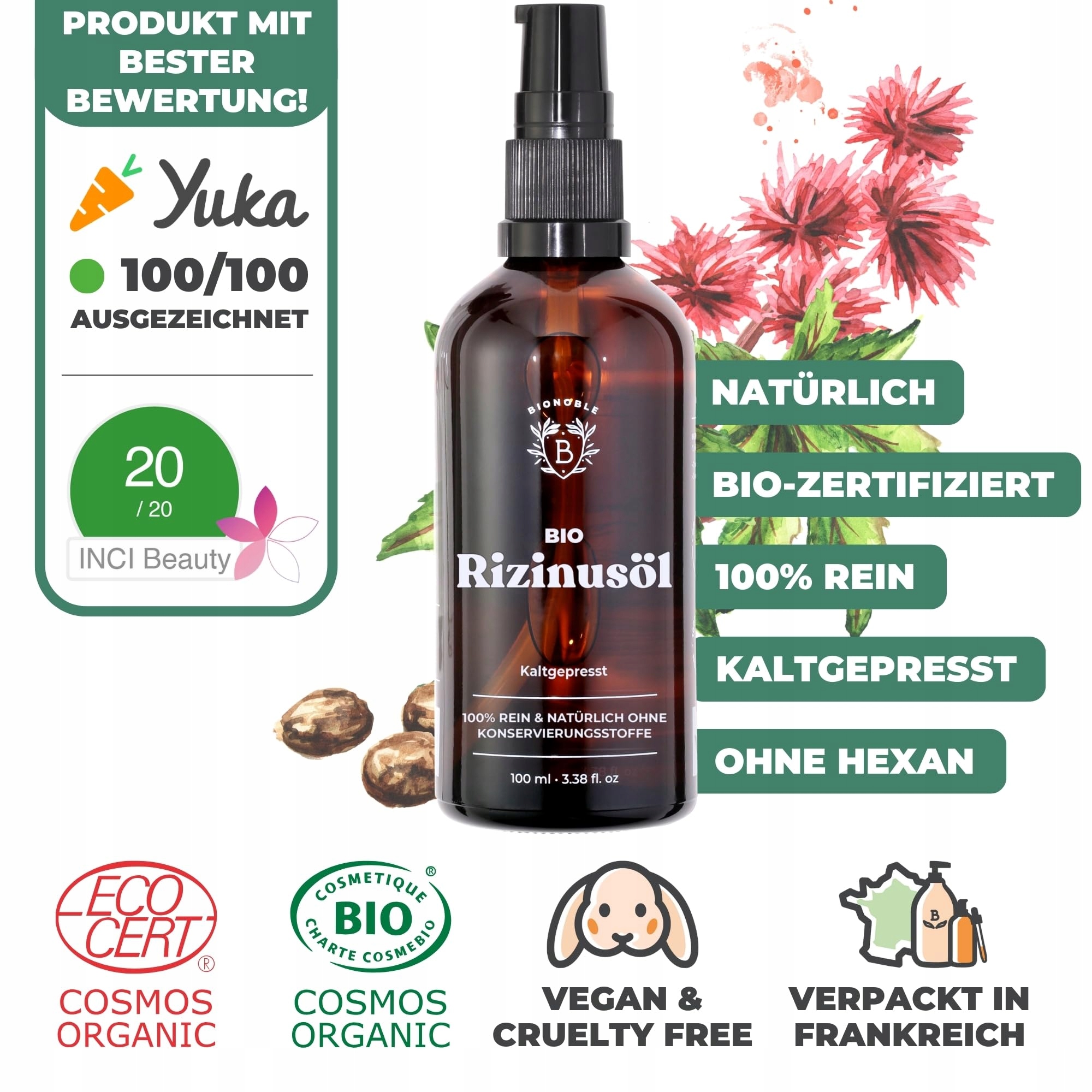 BIONOBLE Olej Rycynowy Bio 100ml Naturalny Do Włosów Brwi Rzęs — miniatura 2
