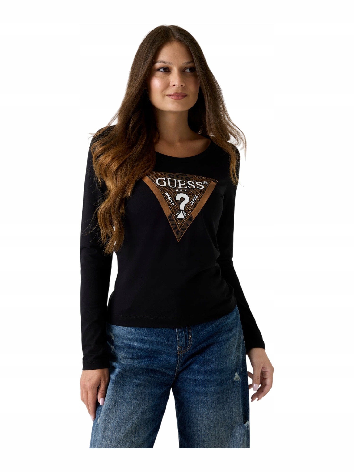 Tričko Guess s dlouhým rukávem, Ls, Cn, Leo Triangle, černý, rL