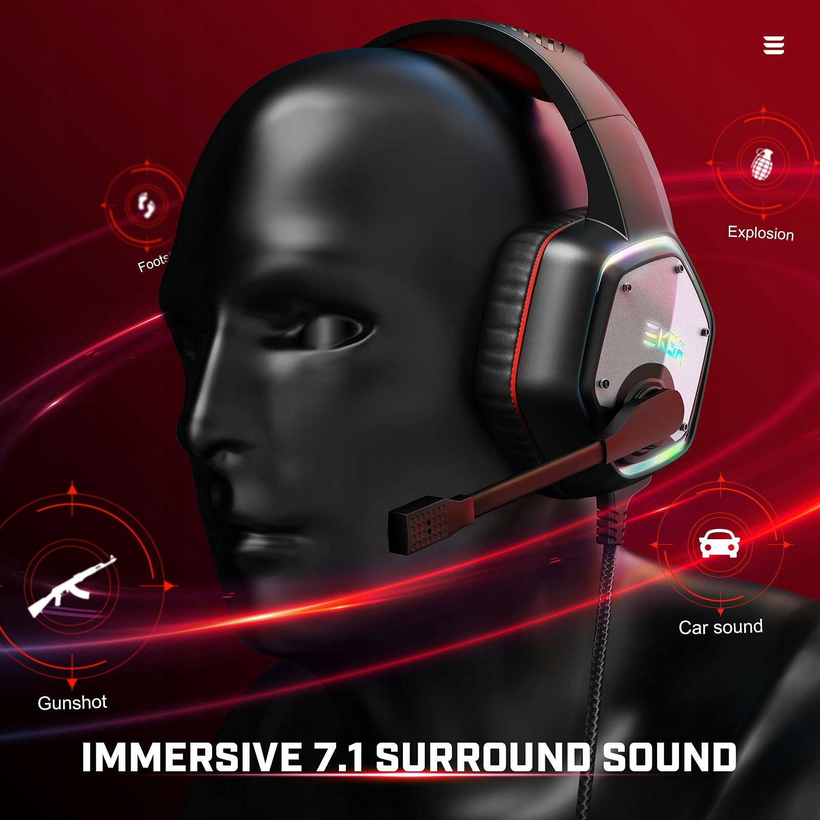 EKSA Słuchawki Gamingowe z Mikrofonem 71 Surround RGB dla PC PS4 PS5 Laptop — miniatura 6