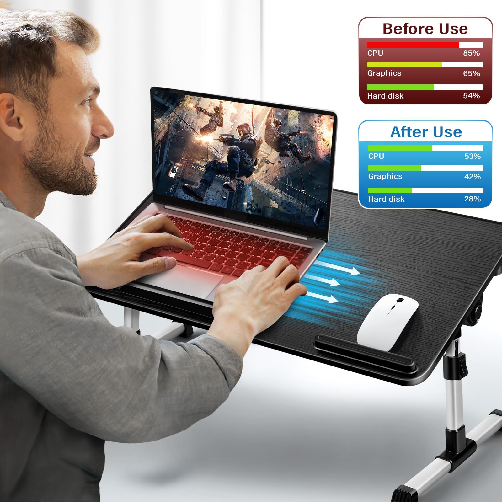 AIROPEN Regulowany Stolik Pod Laptop Do Łóżka Z Chłodzeniem I Szufladą — miniatura 2