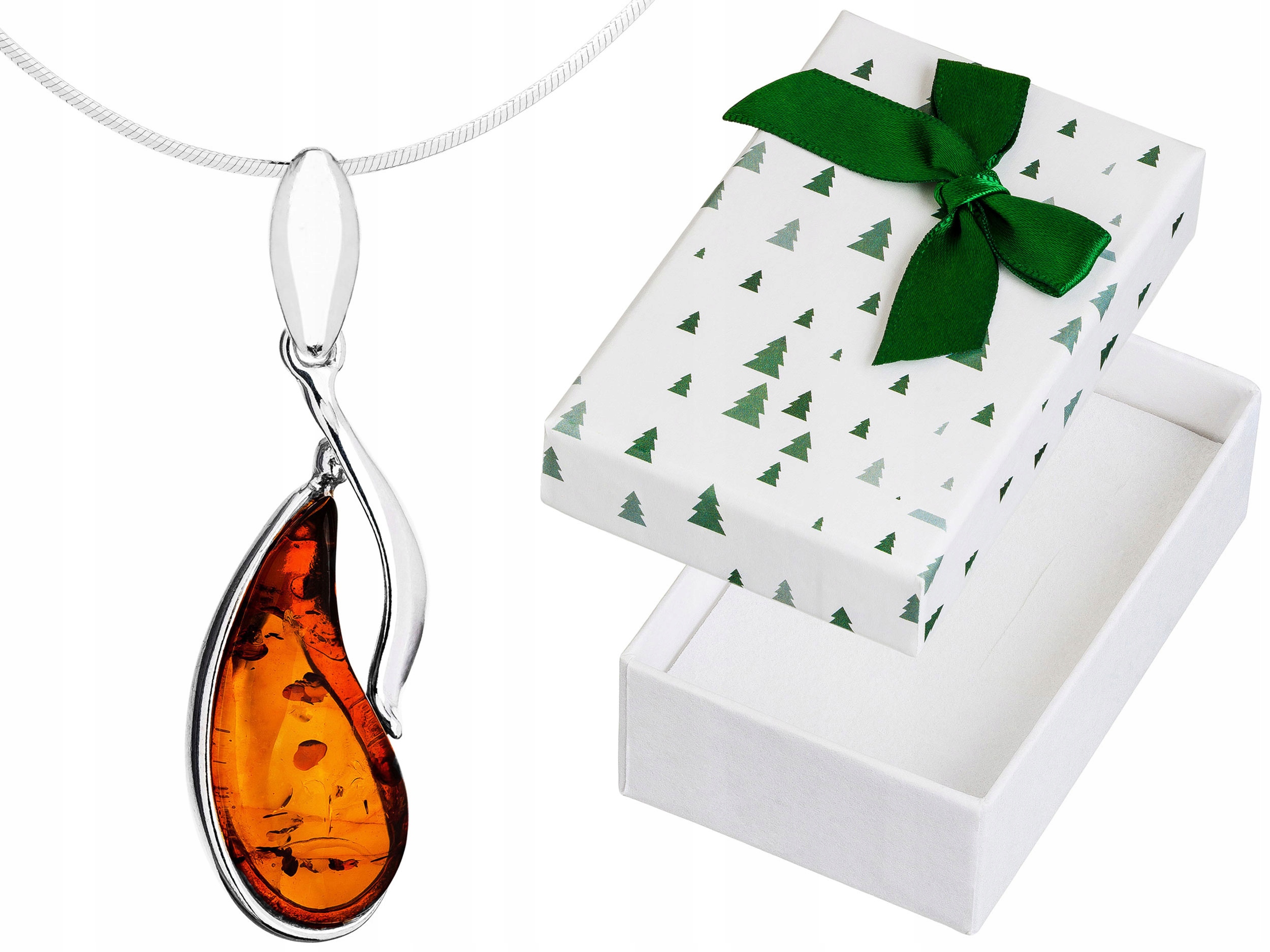 Dlouhý Stříbrný Dámský Náhrdelník Kapka s Jantarem Slza Jantar 90 cm