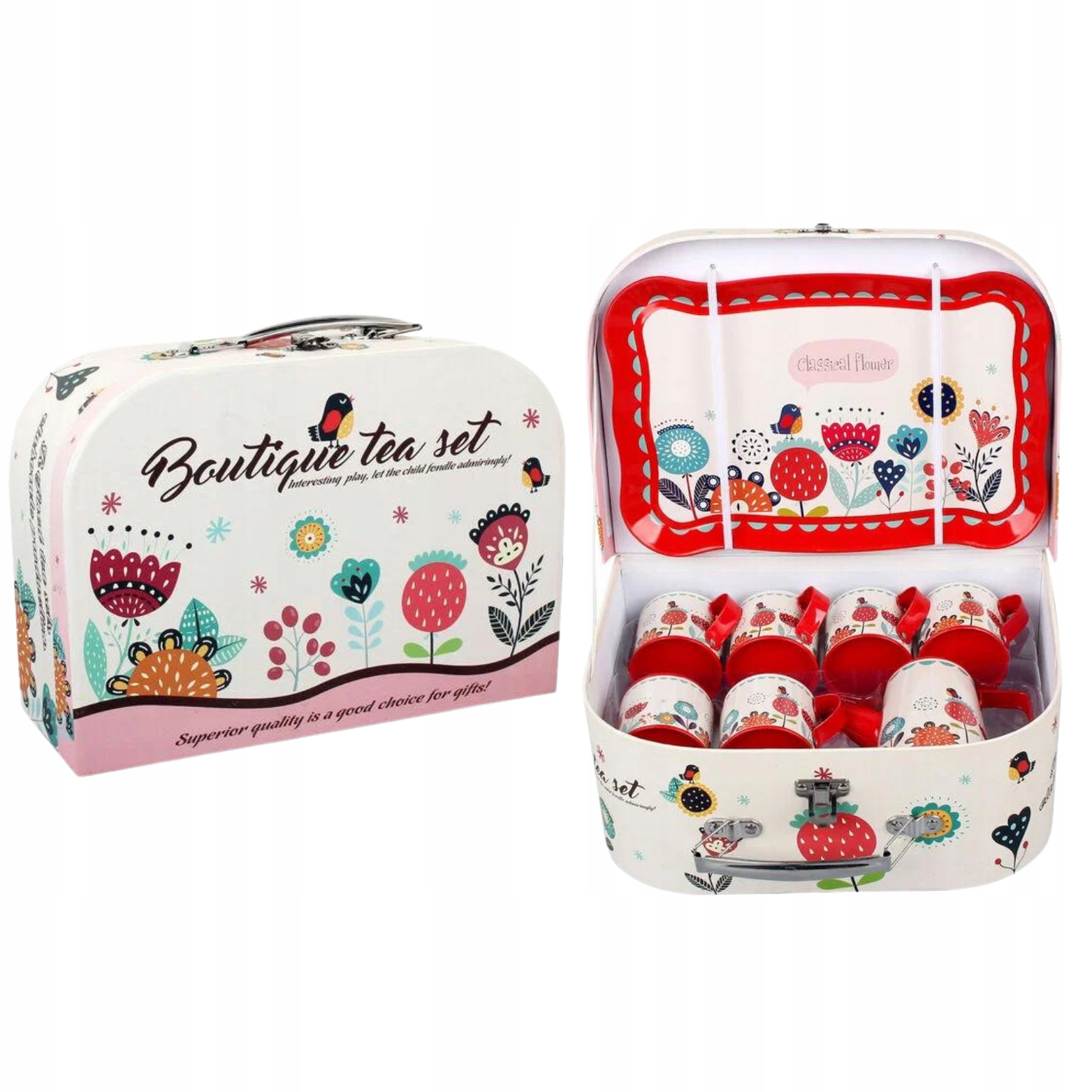 ZESTAW DO HERBATY W WALIZCE KWIATY ZESTAW KUCHENNY DZBANEK TACKA TALERZYKI Płeć chłopcy dziewczynki