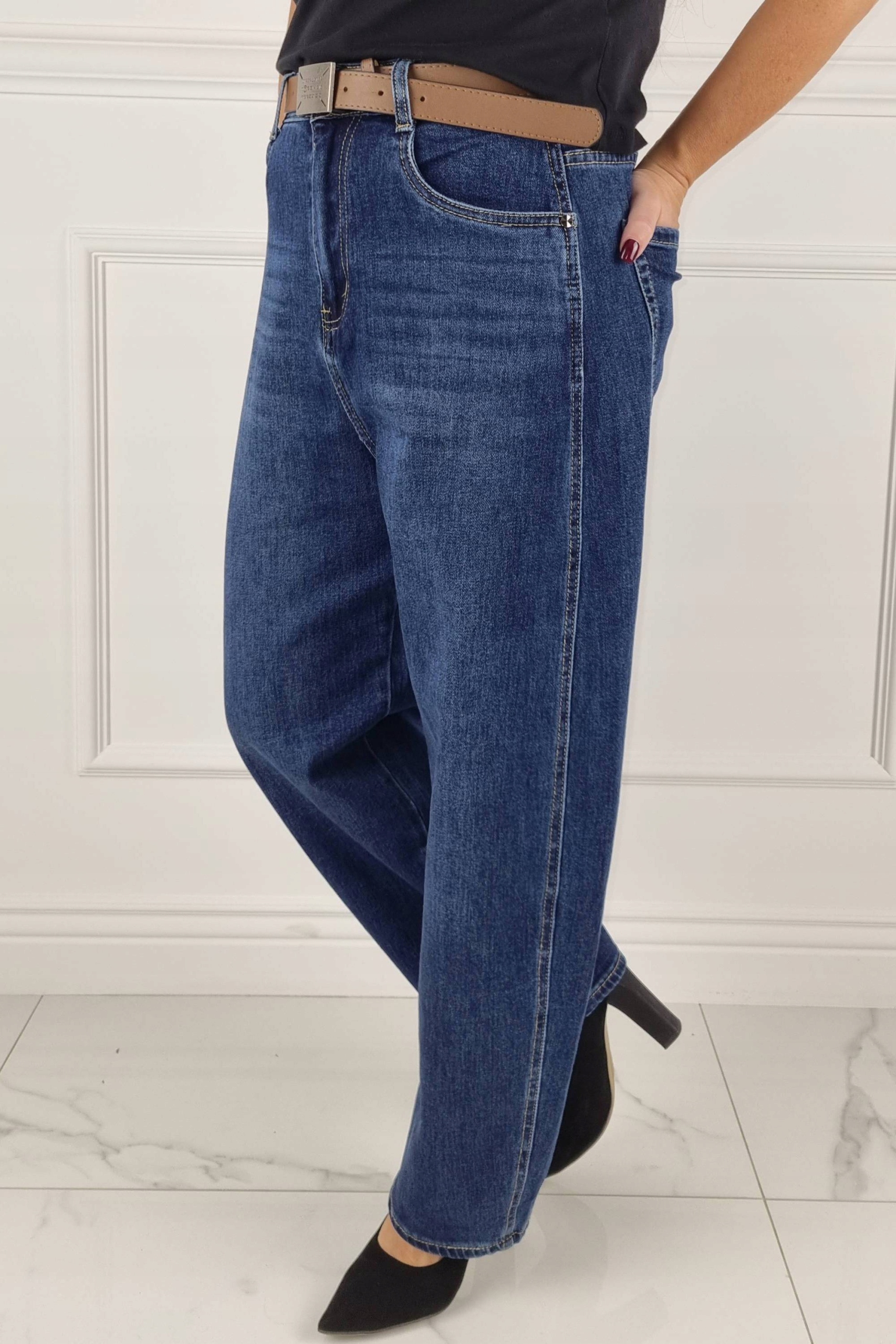 M.SARA SPODNIE JEANSOWE SZEROKIE NOGAWKI - Granatowe Duże Rozmiary 38/M Kolor niebieski