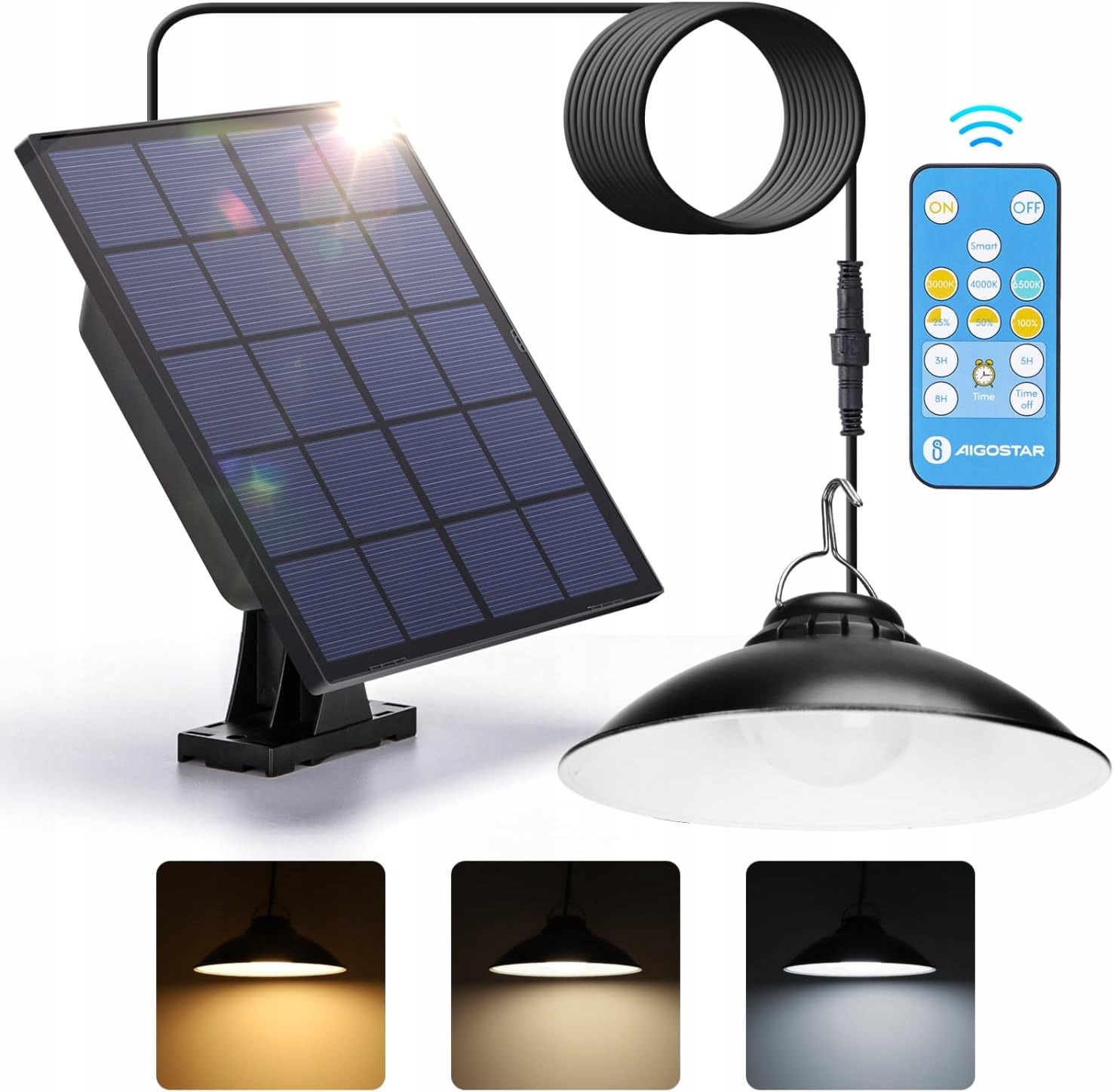 Solární lampa závěsná zahradní dálkové ovládání stmívatelná IP65 3 m 3 barvy 5000 mAh