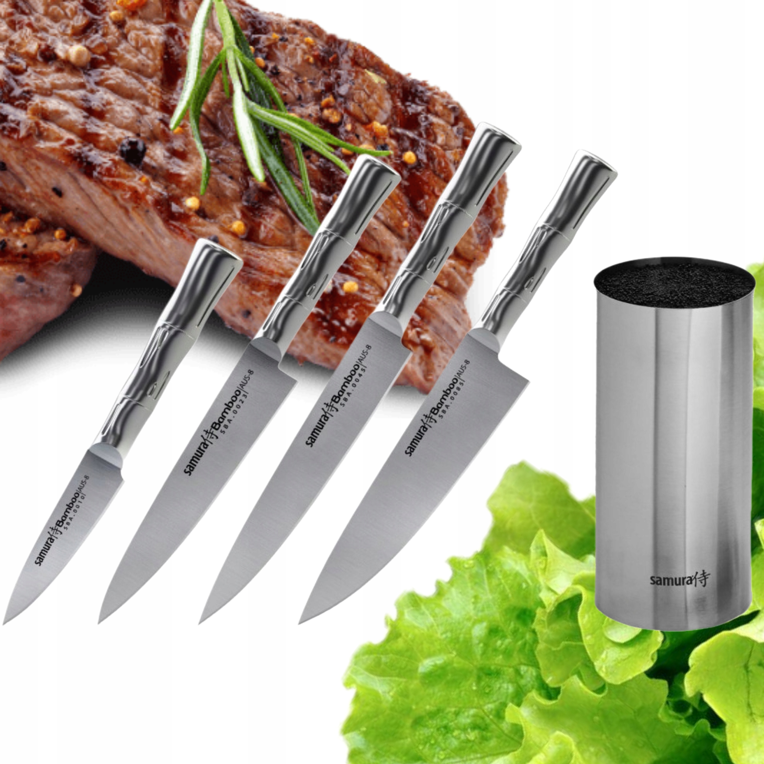 Komplet Samura Bamboo Strieborný Blok 4 Ostré Japonské Oceľové Nože, Pevné