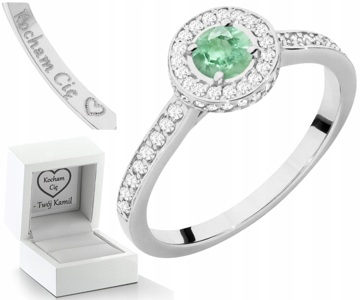 Bílý Zlatý Prstýnek Přírodní Kámen Zelený Smaragd Diamanty 585