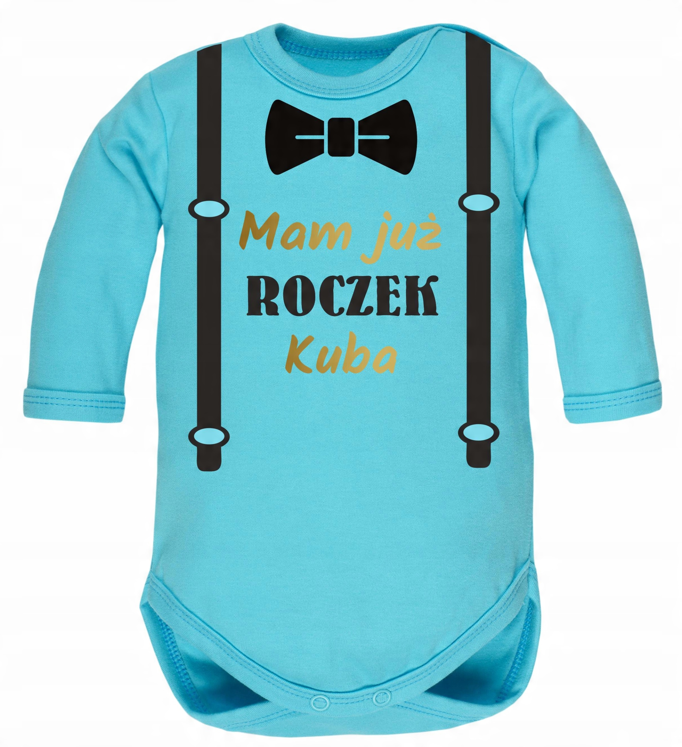 

Body dla chłopca na roczek z muchą, szelkami, imię
