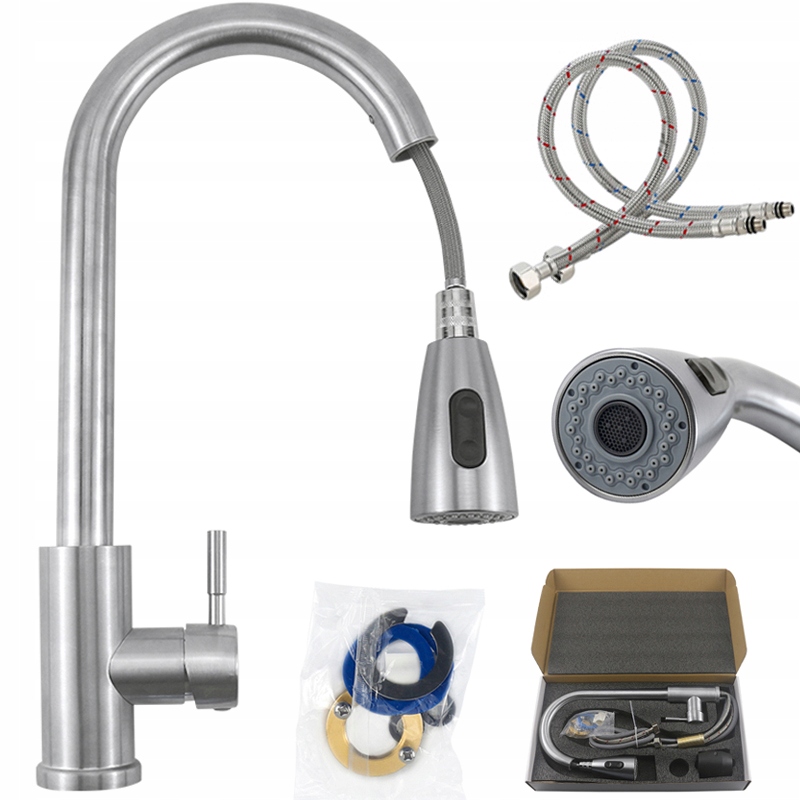 BATERIA KUCHENNA Z WYCIĄGANĄ WYLEWKĄ ZLEW KRAN KOLOR SREBNY