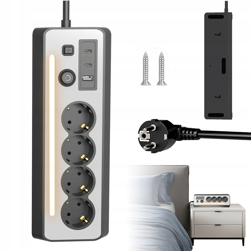 Černá Zásuvková Lišta 4 Zásuvky 2 Usb C 1 Usb A Led Do Kuchyně