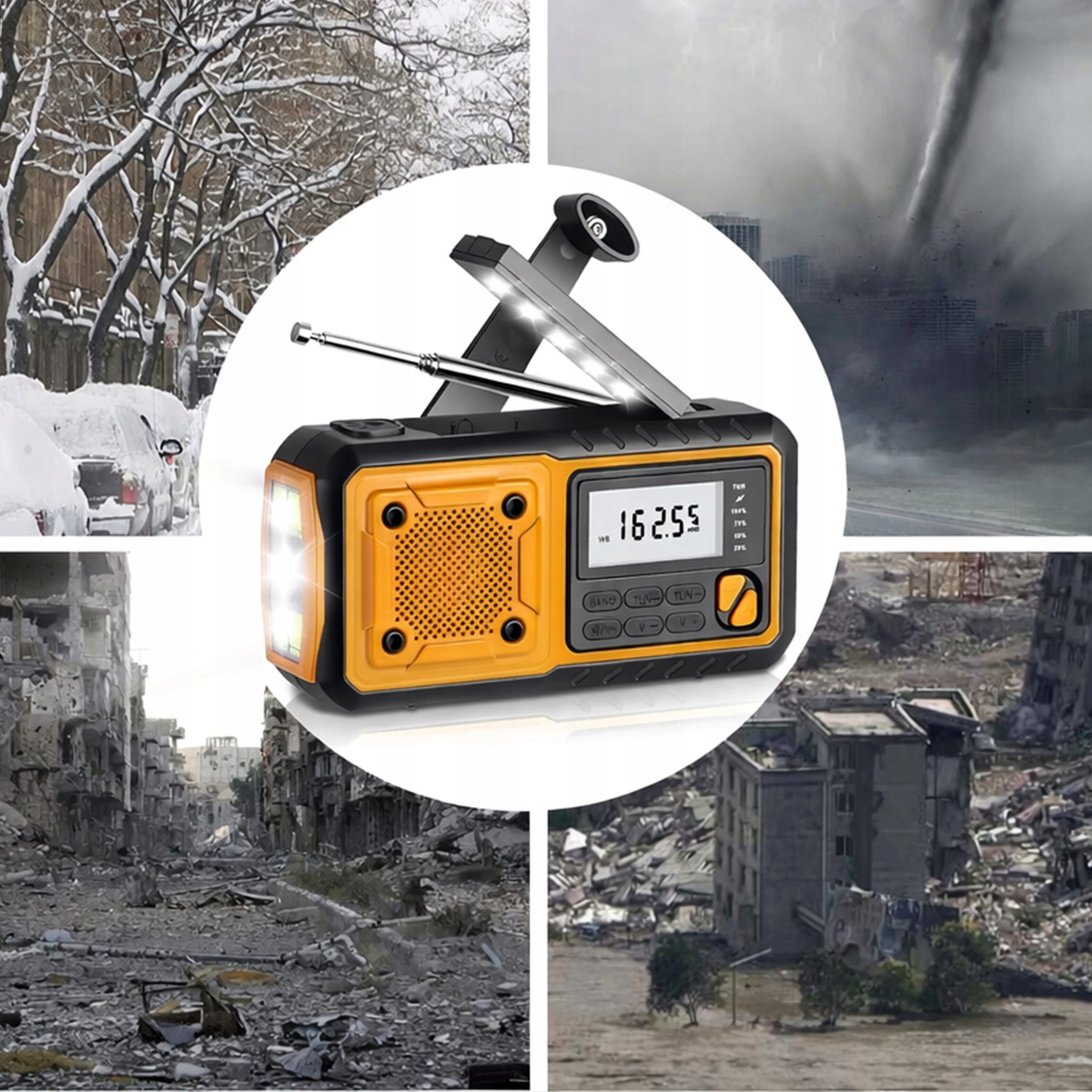 PRZENOŚNE RADIO SOLARNE KORBKA ALARM DYNAMO AWARYJNE LATARKA 5000mAh USB-C Cechy dodatkowe antena teleskopowa