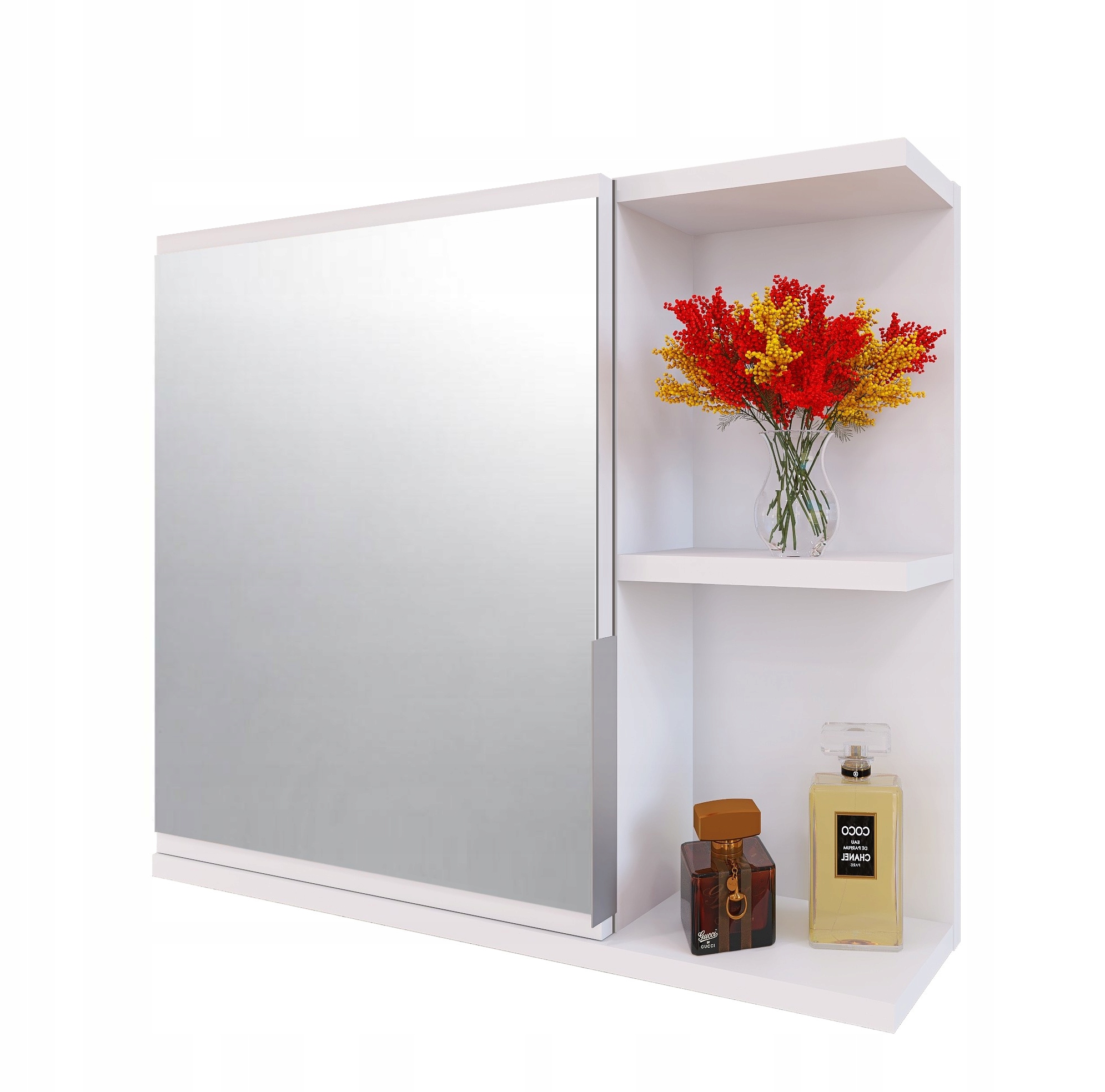 Koupelnová skříňka bílá se zrcadlem a policemi, pravá, moderní, závěsná