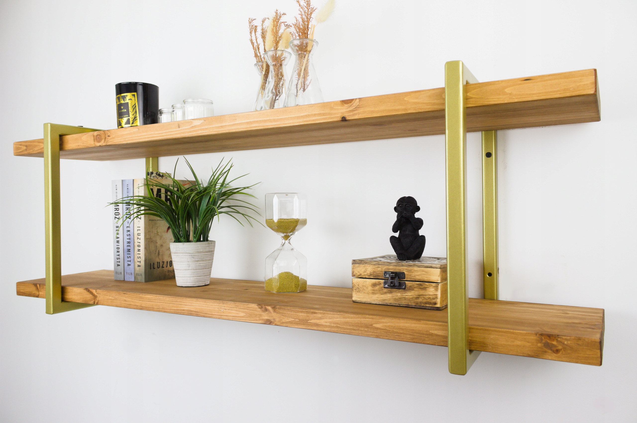 Závesná nástenná polica Glamour Zlatá Dvojitá drevená kovová 100 cm