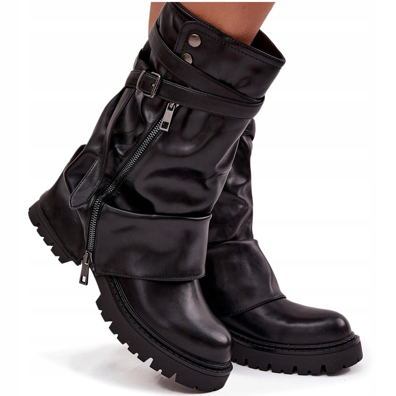 Kozačky Do Poloviny Lýtka Eko Kůže Ohrnutý Svršek Pásek Černé 36