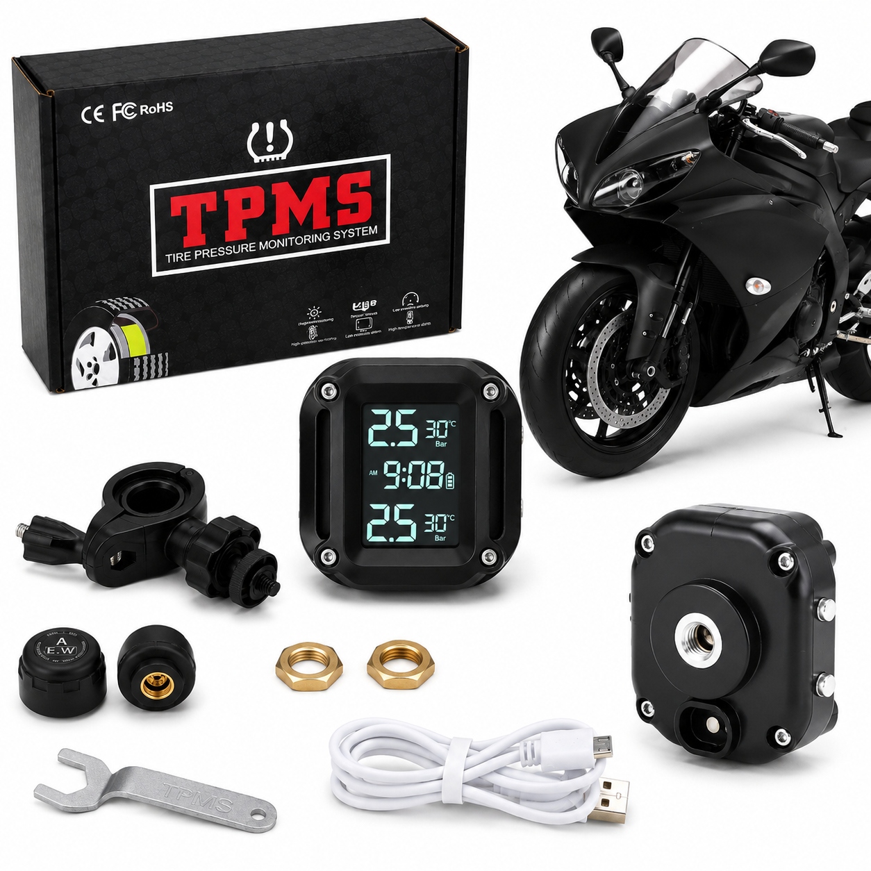 Usb pro Motocykl a snímač tlaku Tpms v motocyklových pneumatikách