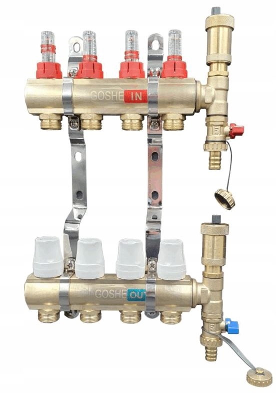 GOSHE Rozdzielacz do podłogówki 4 obwody mosiężny 2 x odpowietrznik