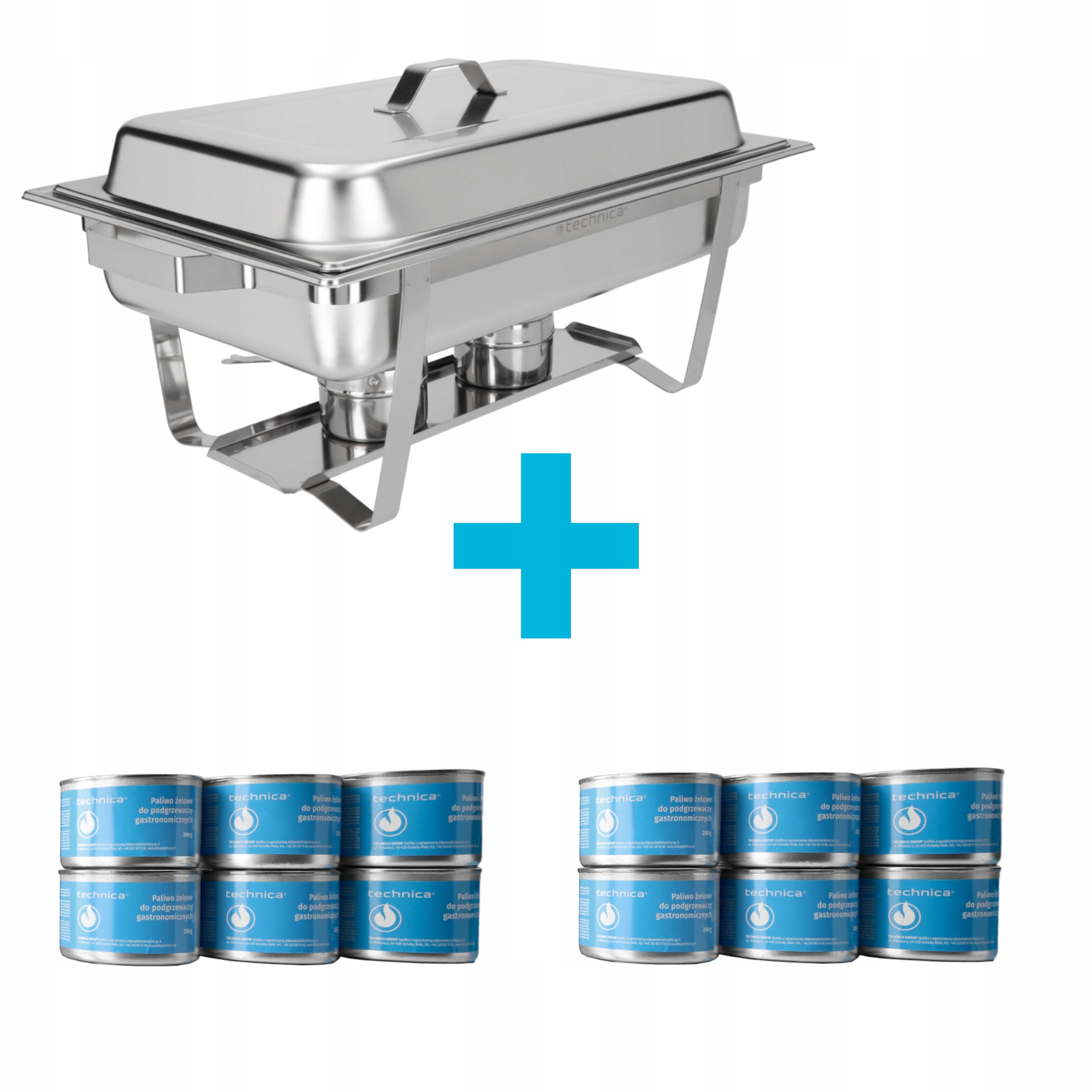 ZESTAW podgrzewacz GN 1/1 gastronomiczny 9L 12x Paliwo żelowe 200g TECHNICA