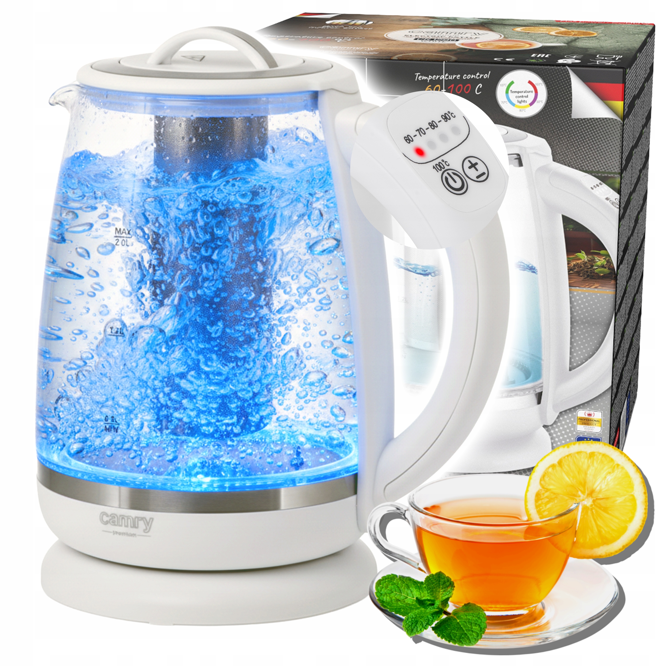 Czajnik Elektryczny Szklany Bezprzewodowy Regulacja Temp Led Zaparzacz 2L