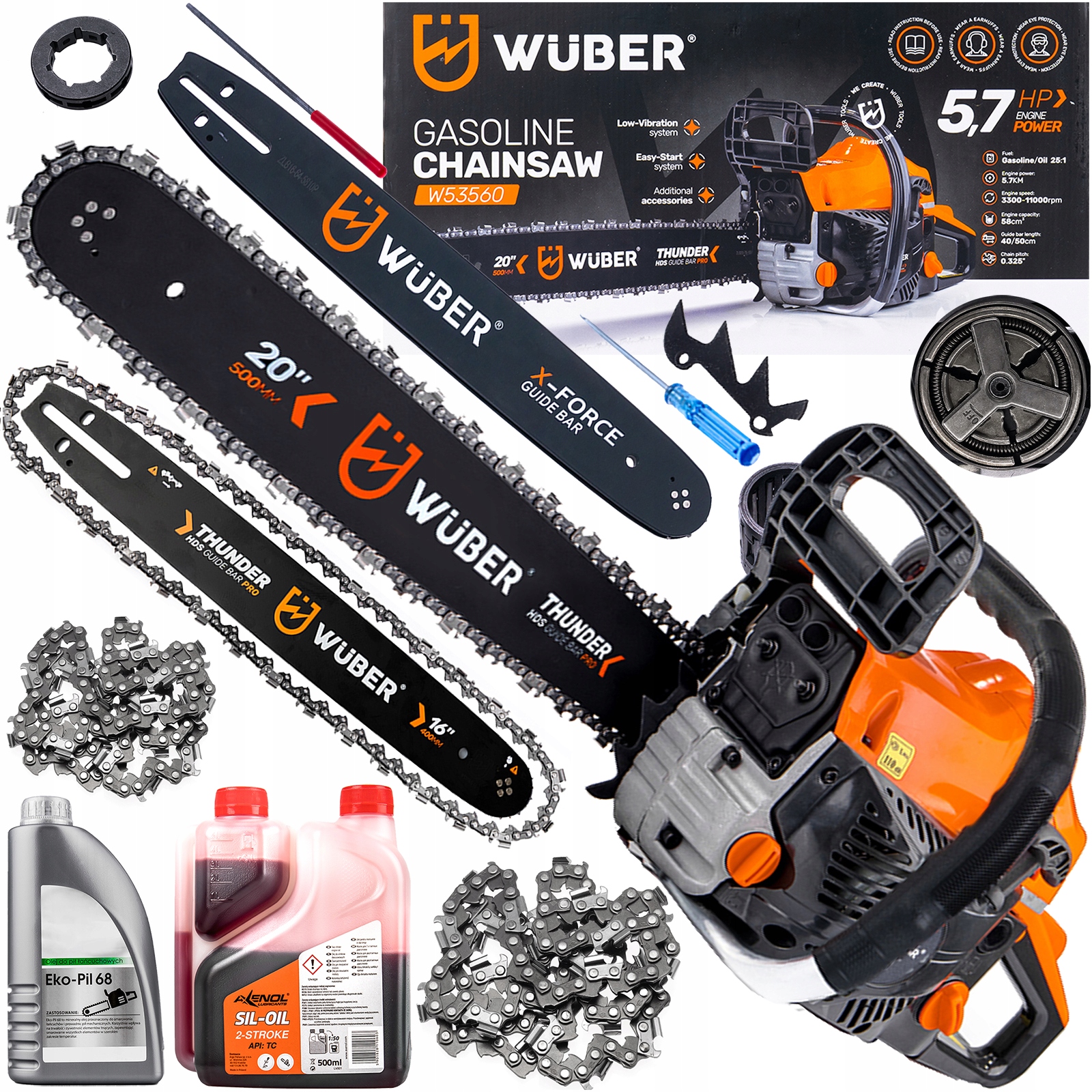 Výkonná Benzínová Pila Pro Zahradu 5,7KM 2XŘETĚZOVÁ Vodítka Olej Bonus