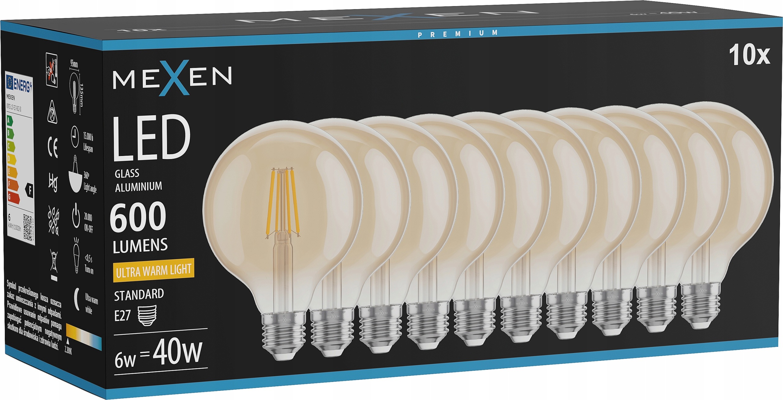 Mexen Vintis 10X Žárovka Filament Led E27 G95 6W Teplá 2200K 600 LM Amber
