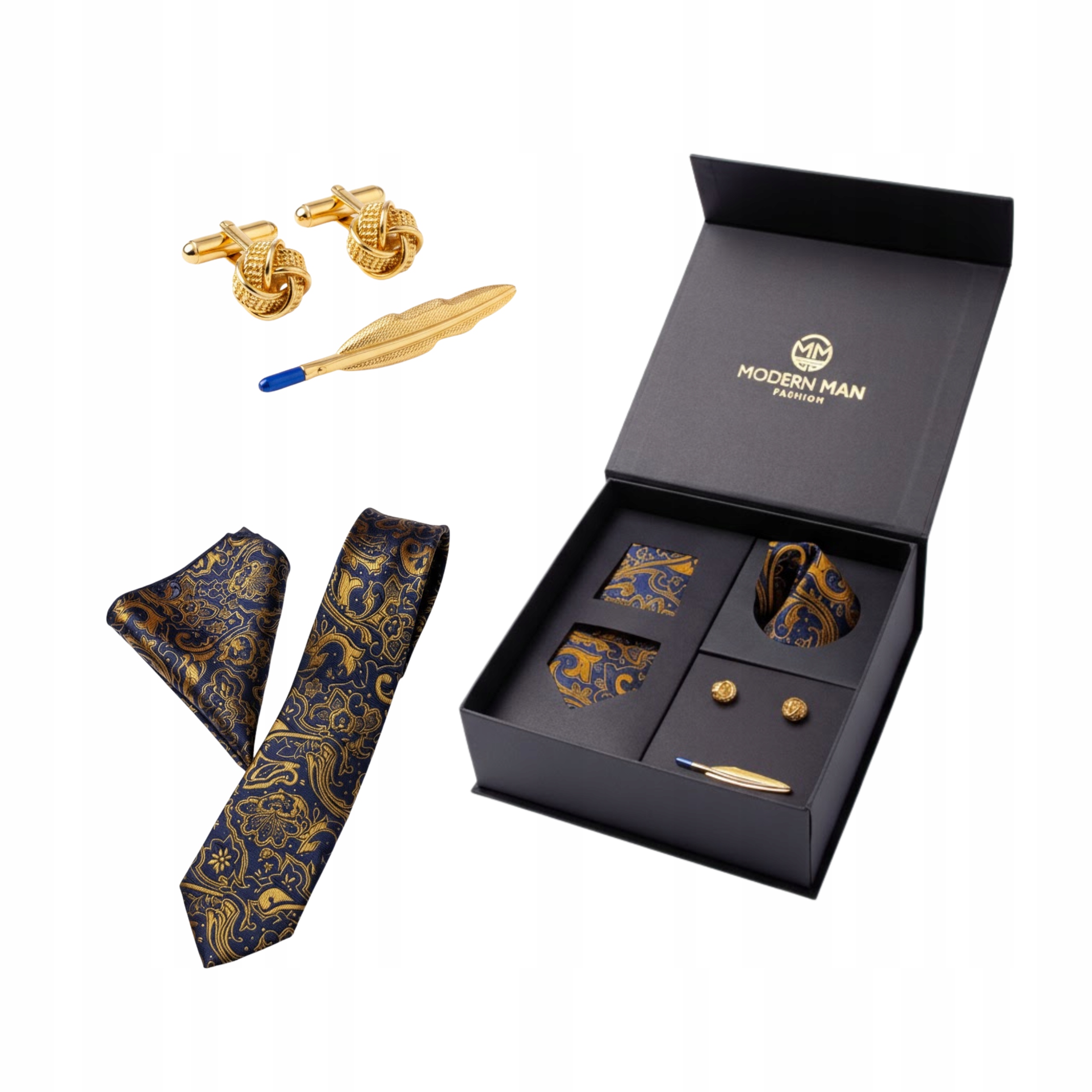 Dárková Sada s kravatou, kapesníčkem a sponami Pánská elegantní sada