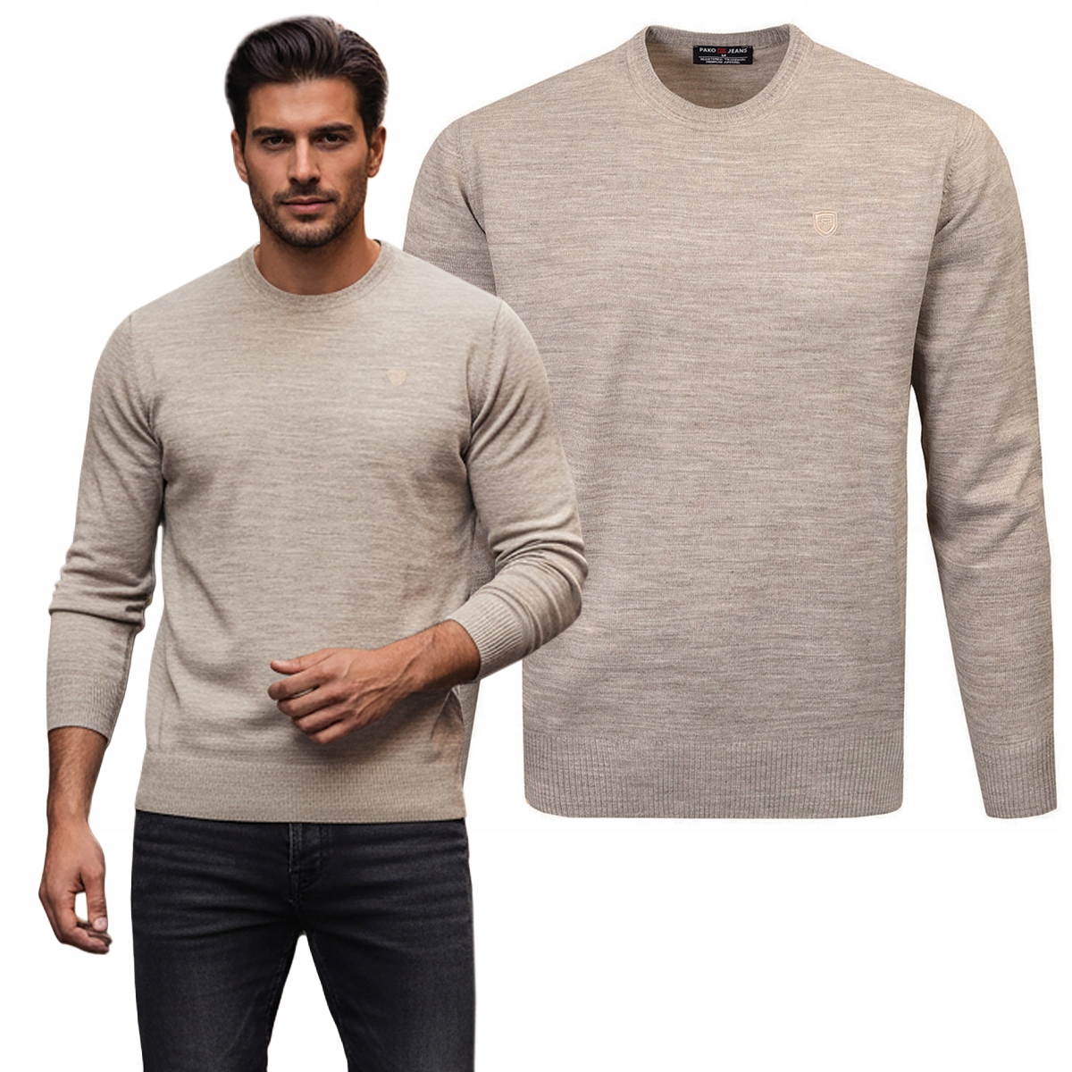 Pánský svetr Klasický Basic Hladký Béžový melír XXL Pako Jeans