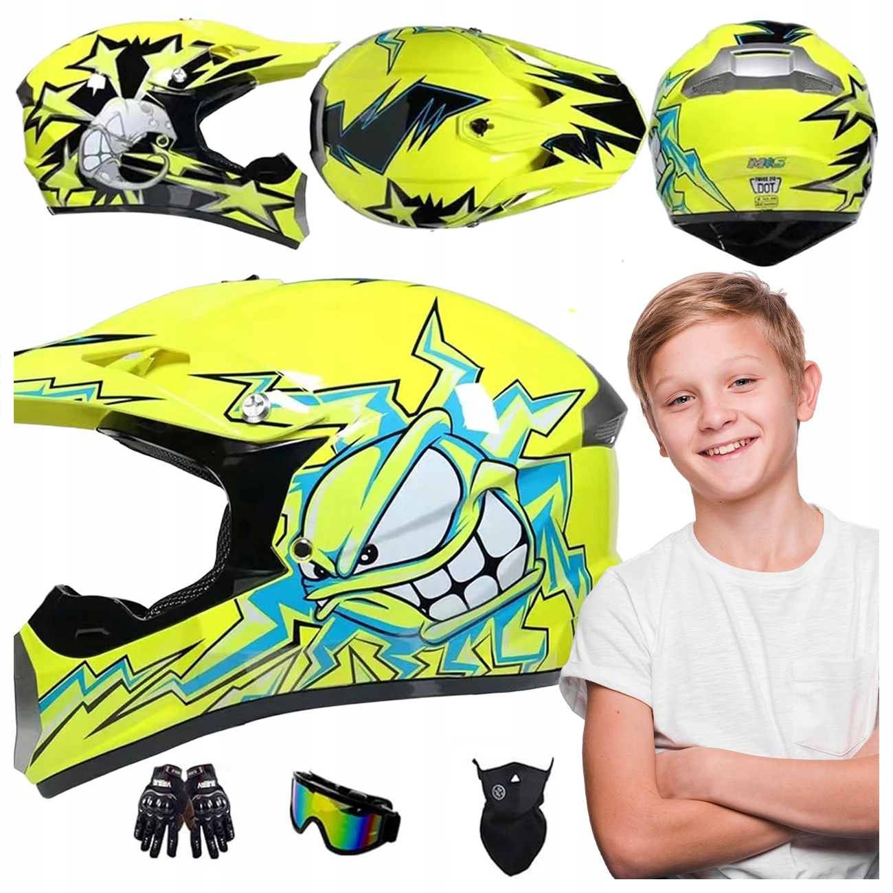 Kask Motocyklowy Dla Dzieci Do Motocrossu Z Goglami I Rękawiczkami Roz M