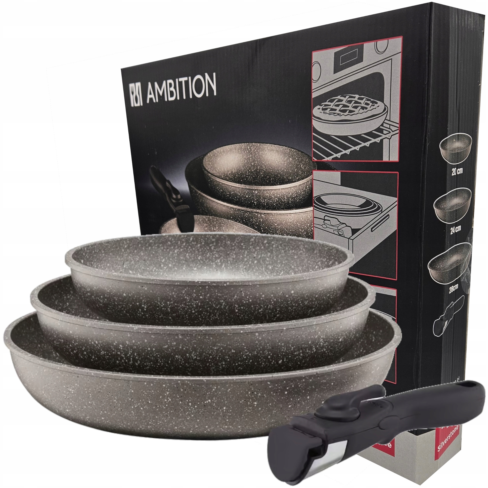 

Zestaw patelni Ambition Silver rączka Indukcja 4el