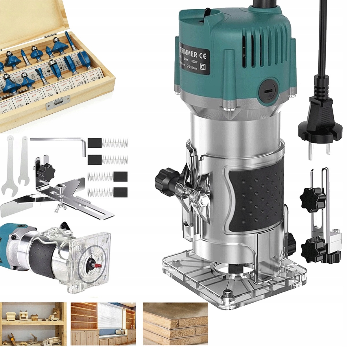 15 frezów Frezarka 800W z przezroczystą podstawą do drewna niebieska