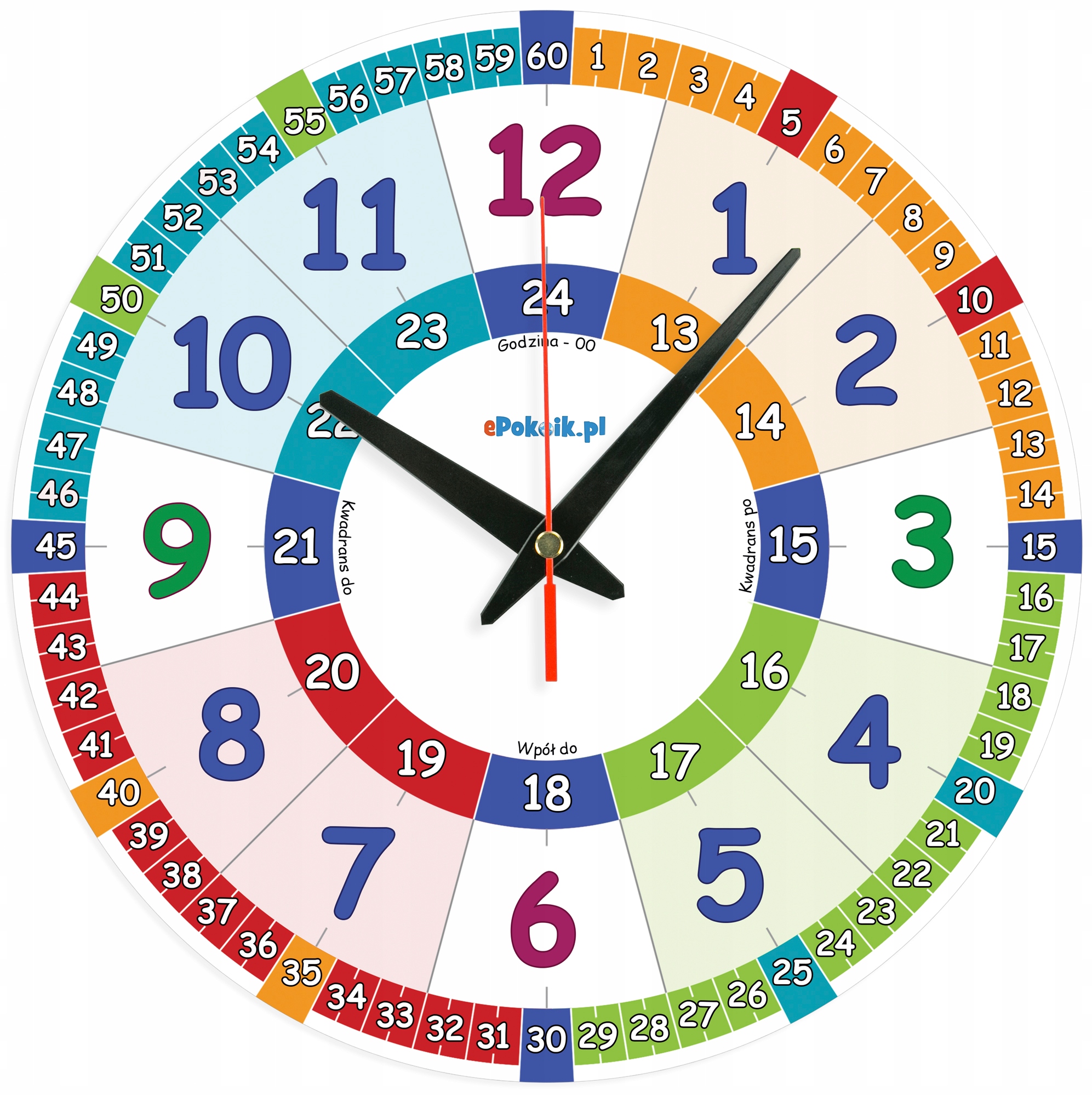 MNG Edukacyjny zegar ścienny dla dzieci BEZGŁOŚNY SZEROKIE WSKAZÓWKI (L2)