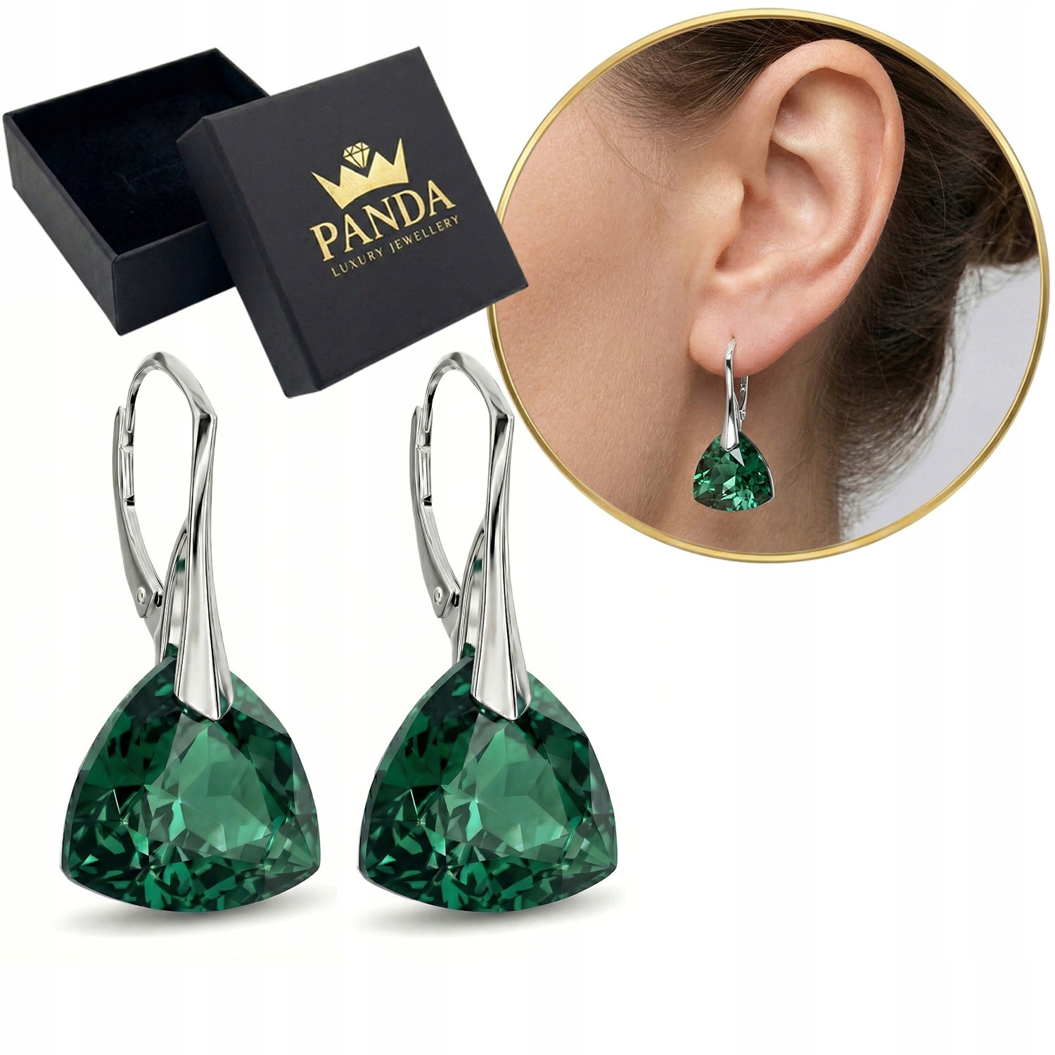 Náušnice Stříbro 925 Krystaly Závěsné Emerald Zelené Dárek Pro Ni