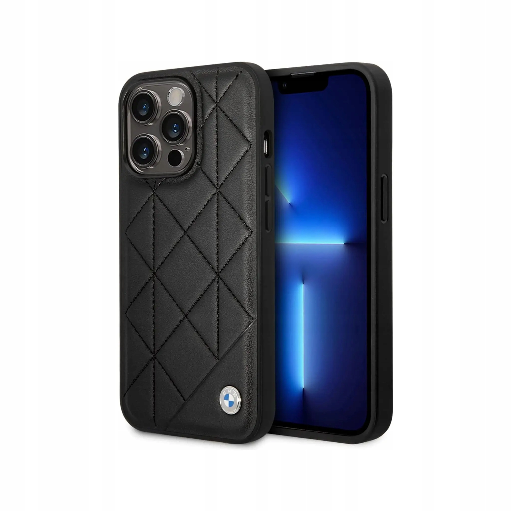 Etui Bmw do iPhone'a 14 Pro, czarne pikowana skóra