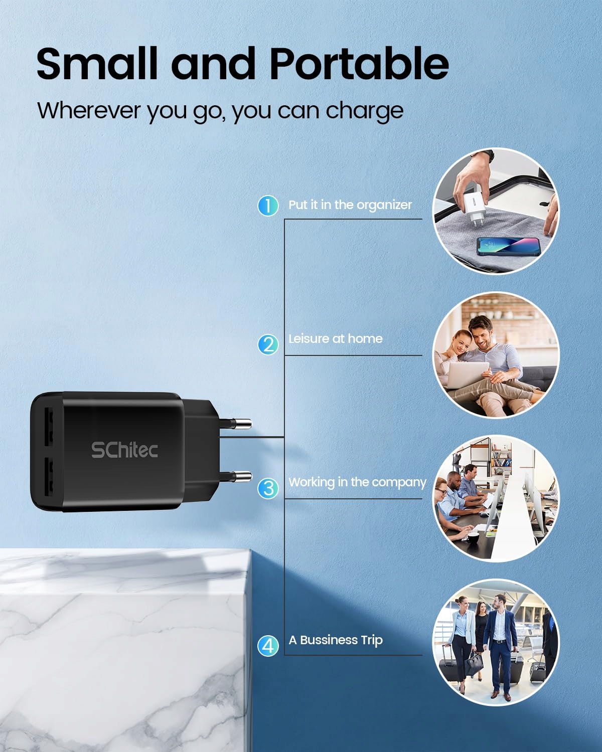SCHITEC Zestaw 6 Ładowarek USB 2 Porty 5V 2.1A Do Telefonów — miniatura 7