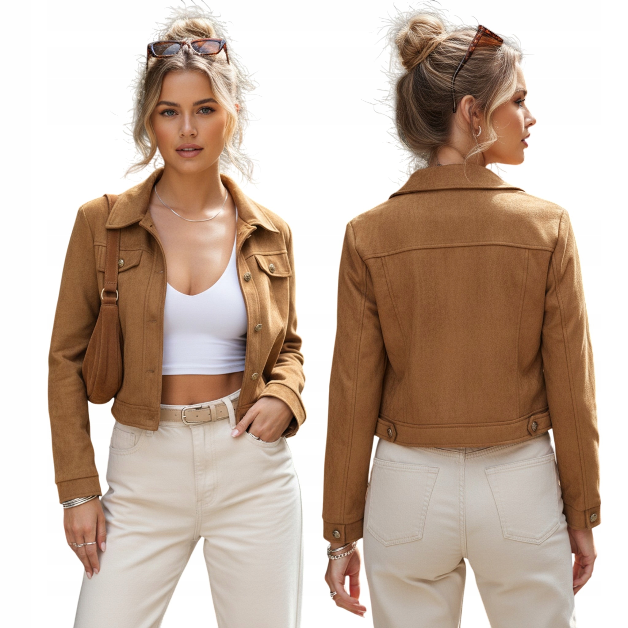 Kurtka damska zamszowa krótka na guziki kamelowa TY5660 L