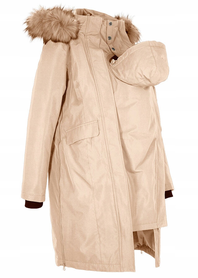 BPC BEŻOWY CIĄŻOWY PŁASZCZ Z KAPTUREM FUTERKO 44 XXL