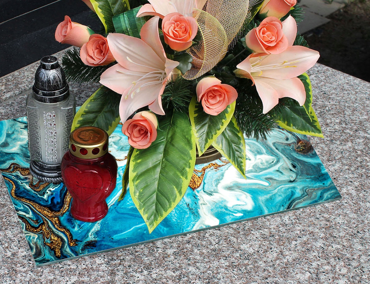 Podstawka na CMENTARZ ze wzorem na ZNICZE KWIATY szkło HARTOWANE 30x22cm Szerokość produktu 30 cm